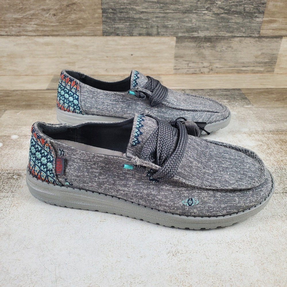 Hey Dude Wendy Flora Slip On Shoes Womens Sz 8 Tulip Grey Embroidered Loafer